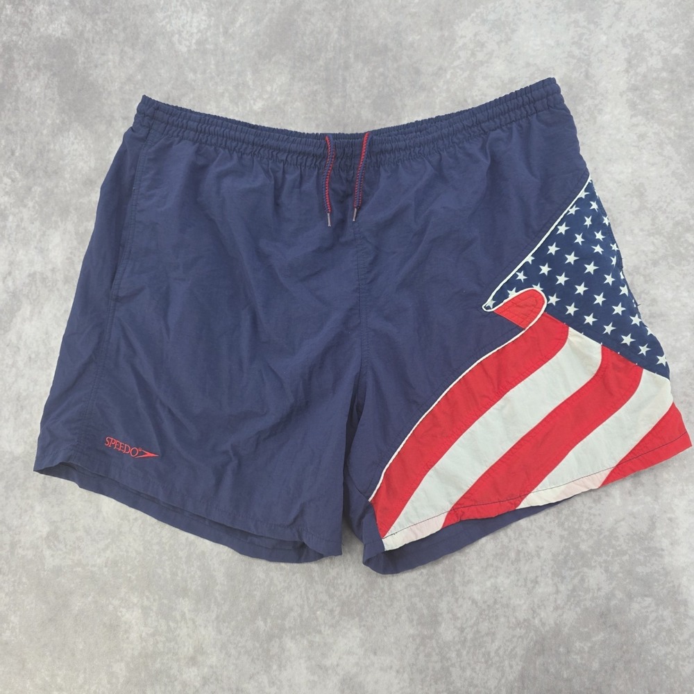 Vintage 90s‎ Speedo Swim Trunks Mens XL American Flag Navy Blue Board Shorts Gym